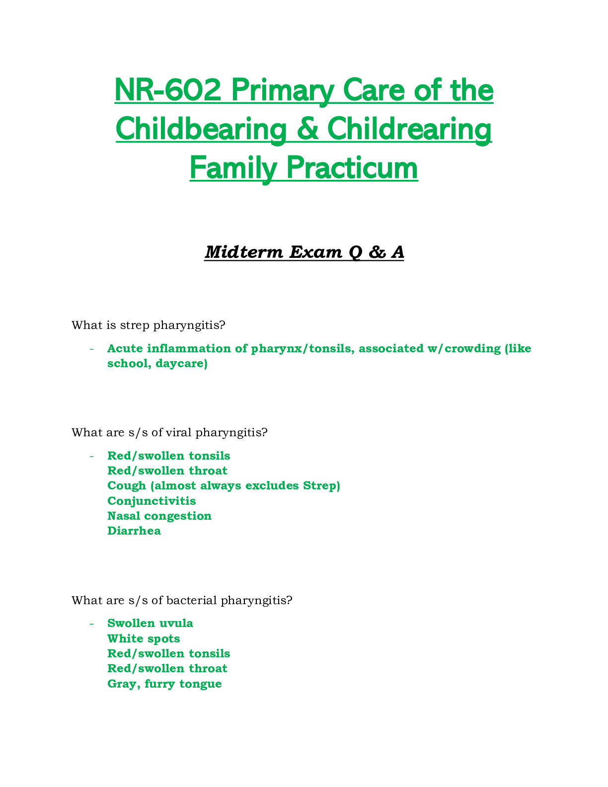 Preview of NR602 / NR-602 Midterm Exam Q & A (Latest): Primary Care of the Childbearing & Childrearin